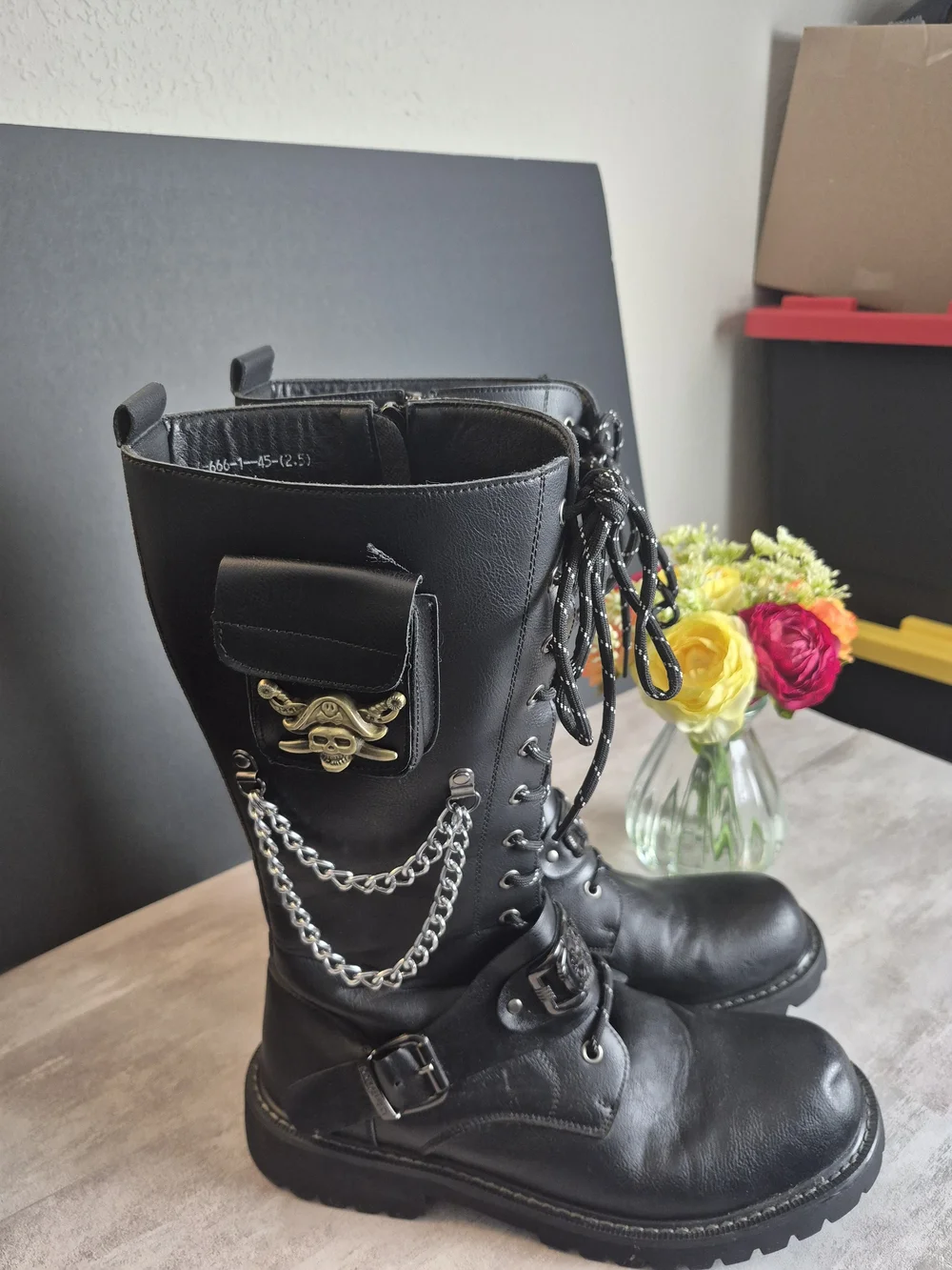 Black Gothic Chain Combat Boots with Pocket. Unisex Mens/ Womens. Size 11.5-12
